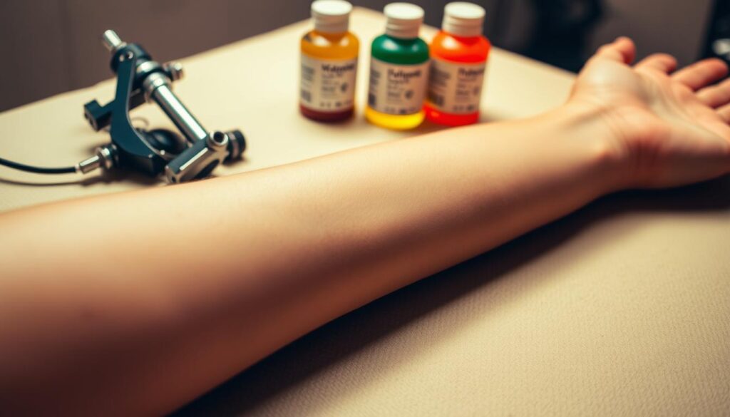A close-up shot of a person's arm, laying flat on a table. The skin is smooth and unmarked, awaiting the artist's canvas. A tattoo machine sits nearby, its sleek chrome body gleaming under warm, diffused lighting. Bottles of ink in vibrant hues are arranged neatly, their labels facing the camera. The scene exudes a sense of anticipation and artistry, inviting the viewer to imagine the transformative process about to unfold. The angle and composition draw the eye directly to the primed skin, the focal point of this tattoo preparation guide.