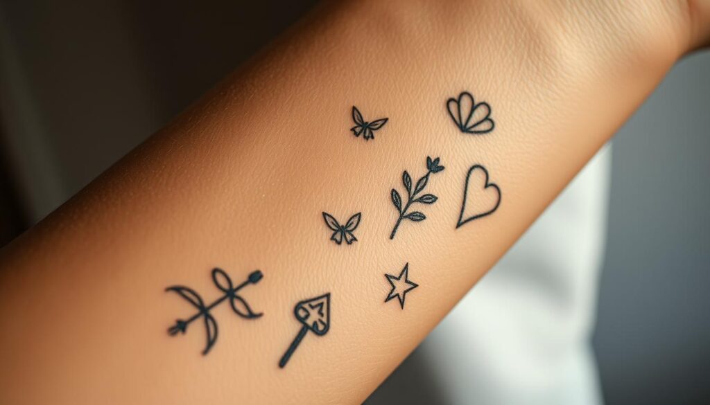 A close-up shot of a person's arm, showcasing a series of intricate, personal tattoo designs. The tattoos depict significant moments, symbols, and memories, each one telling a unique story. The designs are a mix of minimalist line work, delicate floral patterns, and abstract shapes, all expertly crafted to create a cohesive, visually striking composition. The skin tone is warm and lifelike, with subtle variations in texture and shading to enhance the realism. The lighting is soft and directional, casting gentle shadows that accentuate the depth and dimension of the tattoos. The angle is slightly tilted, providing an intimate, almost voyeuristic perspective that invites the viewer to connect with the personal narrative expressed through the ink on the skin.