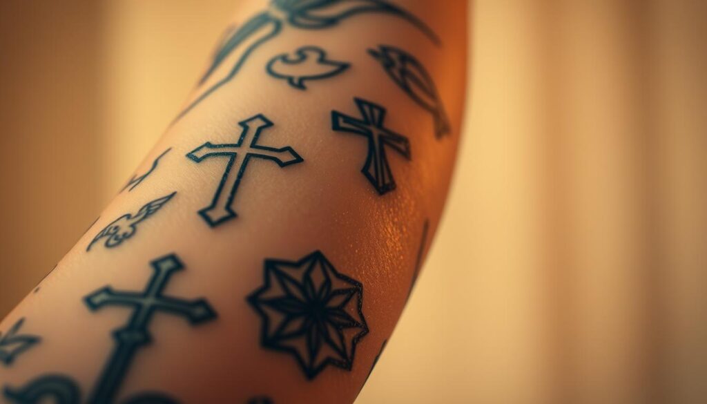 A close-up shot of a person's arm, showcasing an intricate array of modern faith-inspired tattoos. The foreground features detailed line work and shading, depicting religious symbols such as a cross, a dove, and a sacred geometric pattern. The middle ground highlights the skin's texture, with a subtle play of light and shadow accentuating the tattoos' depth and dimensionality. In the background, a soft, hazy blur creates a dreamlike, contemplative atmosphere, evoking a sense of personal reflection and spiritual expression. The overall lighting is warm and diffused, lending a soulful, reverent tone to the image.