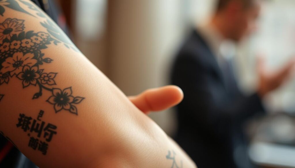 A close-up shot of a person's arm, showcasing visible tattoos. The foreground features intricate Japanese-inspired tattoo designs, including cherry blossoms, dragons, and calligraphic elements. The middle ground shows the person's hand gesturing, highlighting the placement and prominence of the tattoos. The background is blurred, creating a soft, atmospheric focus on the tattoo art. The lighting is soft and diffused, emphasizing the details and shading of the tattoos. The overall mood is contemplative, conveying the etiquette and social considerations around visible tattoos in the Japanese cultural context.