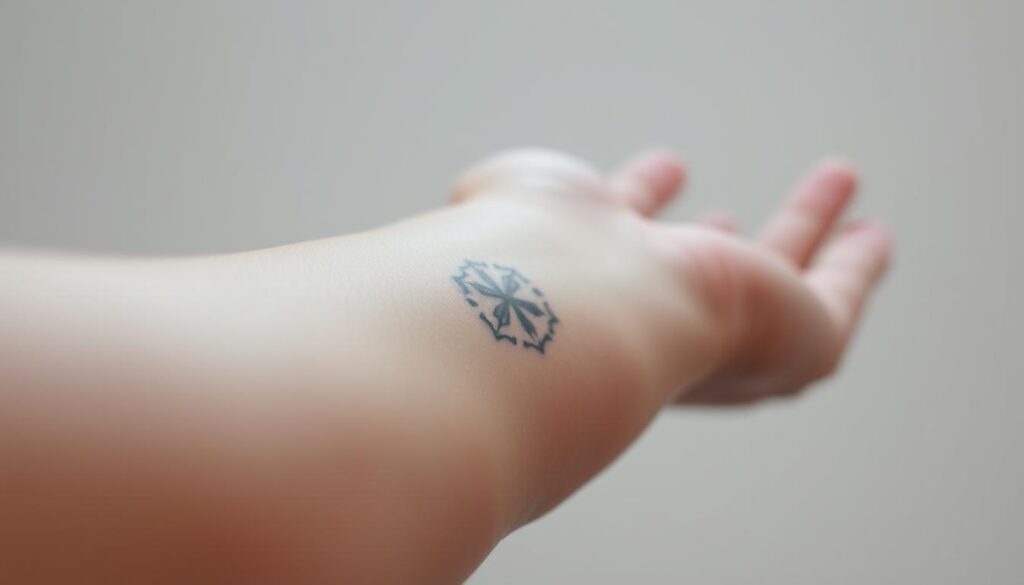 A close-up shot of a person's forearm, showcasing a freshly-inked tattoo. The skin is slightly reddened and glistening, indicating a recent application of tattoo aftercare ointment. The background is blurred, drawing the viewer's attention to the intricate tattoo design - perhaps a delicate floral pattern or a symbolic geometric motif. Soft, diffused lighting creates a calming, intimate atmosphere, emphasizing the importance of proper tattoo care and healing. The angle is slightly elevated, providing a detailed, almost clinical perspective on the tattoo's appearance during the crucial aftercare stage.