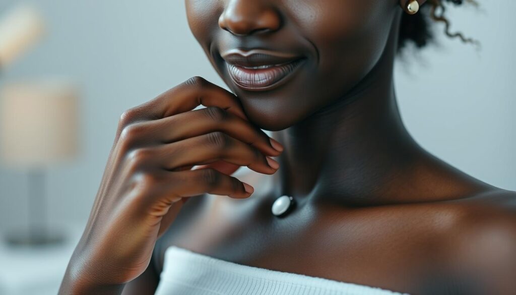 A close-up shot of a person's hand gently applying a fragrance-free moisturizer onto a freshly healed white ink tattoo on their dark skin. The tattoo design is delicate and intricate, the lines crisp and vibrant against the rich, melanin-rich complexion. Soft, diffused lighting illuminates the scene, creating a tranquil, soothing atmosphere. The background is blurred, keeping the focus on the careful, attentive aftercare routine. The model's expression conveys a sense of pride and contentment as they tend to their new body art. Realistic textures, natural skin tones, and a subtle, minimalist aesthetic capture the essence of this intimate, personal moment.