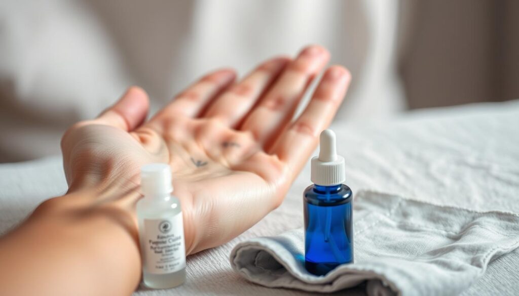 A close-up shot of a person's hand, showcasing the delicate aftercare routine for a recently inked finger tattoo. The hand is positioned in a natural, relaxed pose, with the tattooed finger gently cradled. The skin appears slightly reddened, indicating the fresh ink. A small bottle of fragrance-free moisturizer and a clean, soft cloth are visible in the foreground, suggesting the necessary tools for proper tattoo care. Soft, diffused lighting illuminates the scene, creating a soothing, intimate atmosphere. The focus is sharp on the hand, with a slightly blurred background to emphasize the importance of the aftercare process. The overall image conveys a sense of care, attention, and the importance of maintaining the integrity of a new finger tattoo.