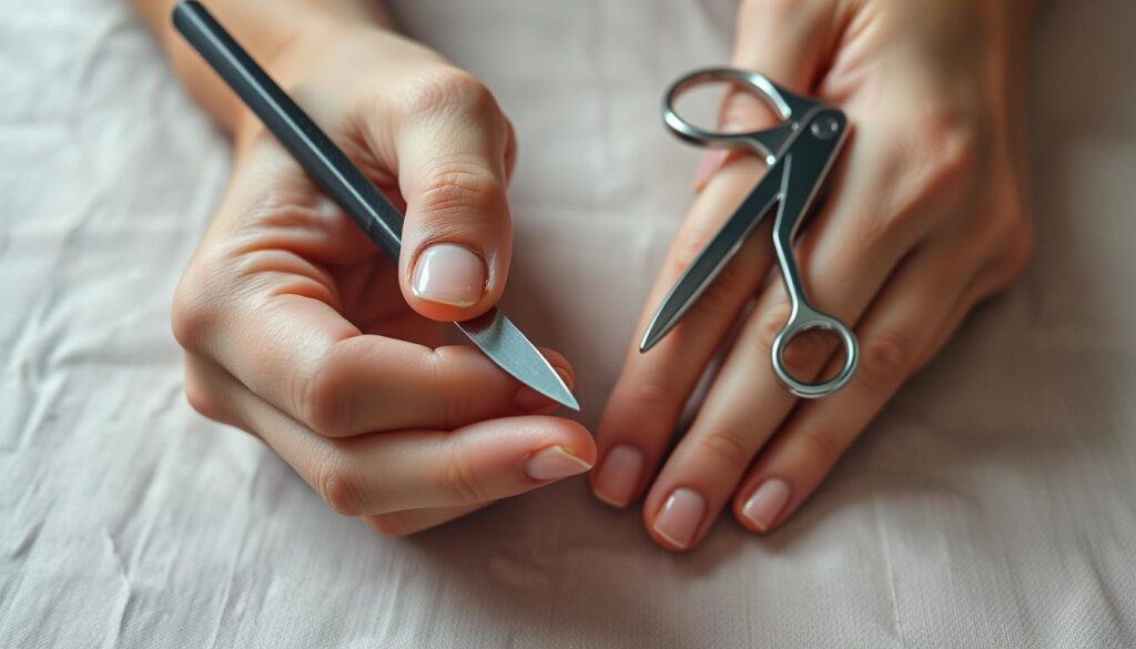 A close-up shot of a person's hands delicately grooming their nails. The fingertips are in sharp focus, revealing the intricate details of the nail bed, cuticles, and the tools being used - a nail file, cuticle pusher, and a small pair of scissors. The hands are positioned on a soft, neutral-colored surface, creating a minimalist, serene backdrop that allows the grooming process to be the central focus. Soft, diffused lighting casts gentle shadows, emphasizing the textures and shapes of the nails and fingers. The overall mood is one of calm, attentive self-care and precision. A close-up shot of a person's hands delicately grooming their nails. The fingertips are in sharp focus, revealing the intricate details of the nail bed, cuticles, and the tools being used - a nail file, cuticle pusher, and a small pair of scissors. The hands are positioned on a soft, neutral-colored surface, creating a minimalist, serene backdrop that allows the grooming process to be the central focus. Soft, diffused lighting casts gentle shadows, emphasizing the textures and shapes of the nails and fingers. The overall mood is one of calm, attentive self-care and precision.