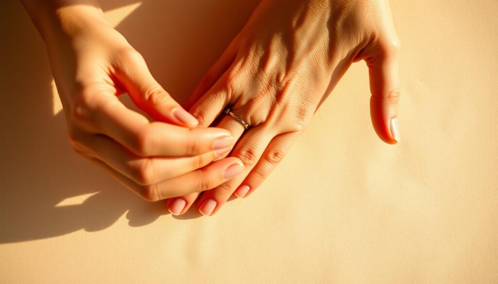 A close-up shot of a person's hands delicately massaging and caring for their cuticles. The hands are placed against a soft, neutral-colored background, allowing the focus to remain on the intricate process. Warm, directional lighting illuminates the scene, casting subtle shadows that accentuate the texture and contours of the skin and nails. The camera angle is slightly elevated, providing a detailed, almost instructional perspective on the proper cuticle care techniques, such as gently pushing back the cuticles, applying cuticle oil, and using a specialized tool to remove any excess skin. The overall tone is one of precision, care, and attention to detail, reflecting the importance of proper cuticle maintenance for healthy, strong nails. A close-up shot of a person's hands delicately massaging and caring for their cuticles. The hands are placed against a soft, neutral-colored background, allowing the focus to remain on the intricate process. Warm, directional lighting illuminates the scene, casting subtle shadows that accentuate the texture and contours of the skin and nails. The camera angle is slightly elevated, providing a detailed, almost instructional perspective on the proper cuticle care techniques, such as gently pushing back the cuticles, applying cuticle oil, and using a specialized tool to remove any excess skin. The overall tone is one of precision, care, and attention to detail, reflecting the importance of proper cuticle maintenance for healthy, strong nails.