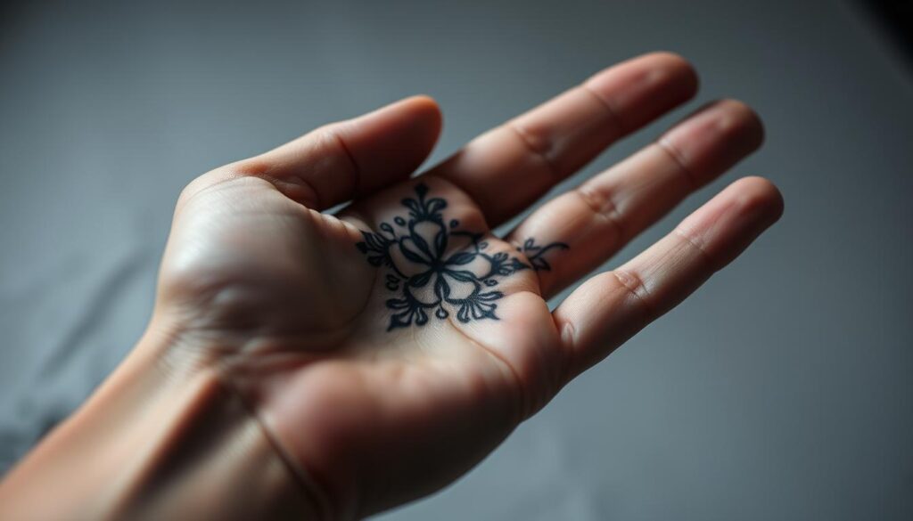 A close-up shot of a person's open palm, showcasing an intricate hand tattoo design. The tattoo features a bold, black outline with delicate shading and intricate patterns, creating a visually striking contrast against the skin. The lighting is soft and diffused, highlighting the texture and depth of the tattoo. The background is slightly blurred, keeping the focus on the tattooed hand and its captivating details. The overall composition conveys a sense of artistry and craftsmanship, inviting the viewer to appreciate the skill and investment required for a hand tattoo.
