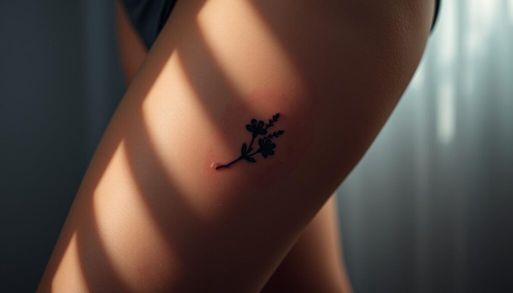 A close-up shot of a person's thigh, prominently displaying a delicate floral tattoo design. The skin appears slightly reddened, suggesting the recent application of the ink. The lighting is soft and diffused, casting gentle shadows that accentuate the contours of the leg. The background is blurred, keeping the focus on the tattoo and the pain level it may have caused during the process. The overall mood is one of contemplation, with the viewer invited to imagine the sensations and experience of getting a thigh tattoo.