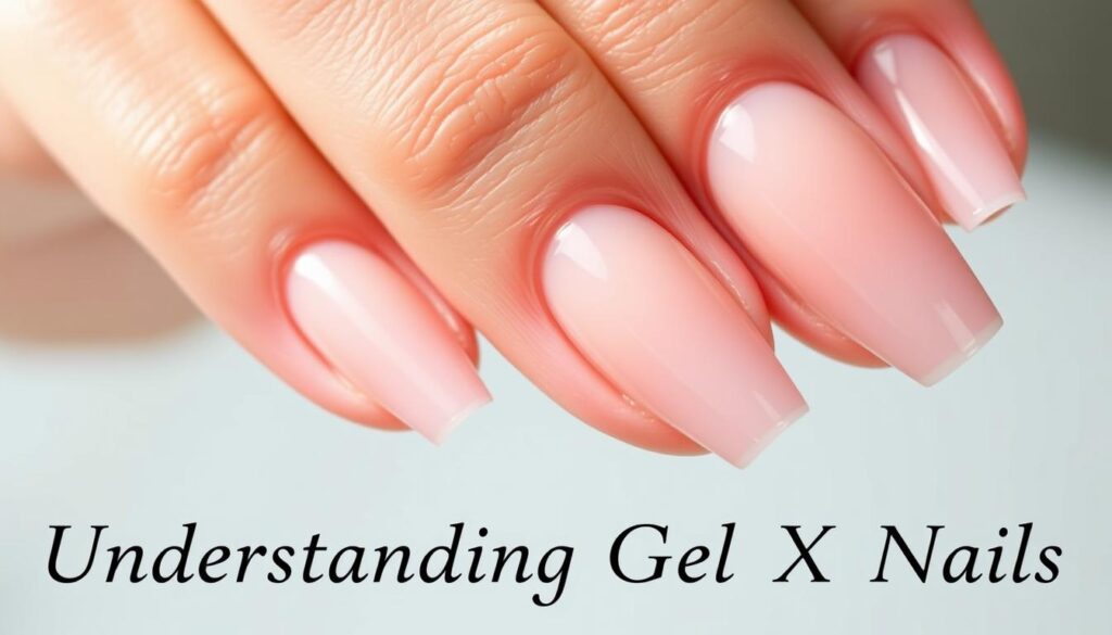 A close-up shot of a set of gel-x nail extensions, showcasing their intricate and seamless design. The nails have a sleek, glossy finish, reflecting the light from a soft, natural lighting setup. The extensions appear to be expertly applied, blending seamlessly with the natural nail bed. The focus is on the details, highlighting the smooth curves, subtle ridges, and the subtle yet elegant color tone that complements the subject's skin tone. The image conveys a sense of sophistication and a well-groomed, polished appearance, perfectly aligning with the section title "Understanding Gel X Nails". A close-up shot of a set of gel-x nail extensions, showcasing their intricate and seamless design. The nails have a sleek, glossy finish, reflecting the light from a soft, natural lighting setup. The extensions appear to be expertly applied, blending seamlessly with the natural nail bed. The focus is on the details, highlighting the smooth curves, subtle ridges, and the subtle yet elegant color tone that complements the subject's skin tone. The image conveys a sense of sophistication and a well-groomed, polished appearance, perfectly aligning with the section title "Understanding Gel X Nails".