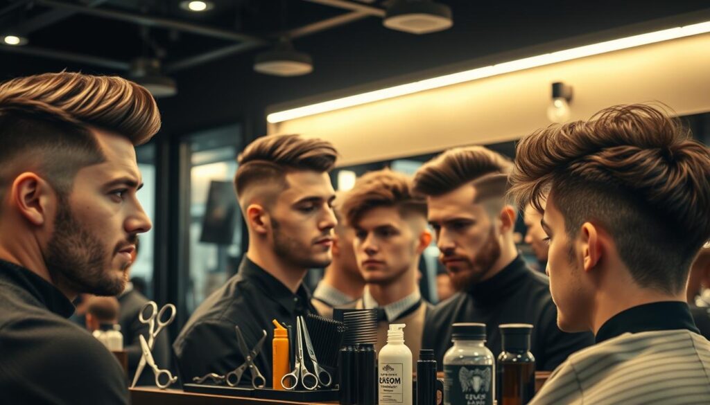 A close-up shot of a stylish men's barbershop, with a focus on the display of trendy hairstyles. Bright, natural lighting illuminates the scene, highlighting the intricate, modern haircuts showcased on male models. The arrangement features a range of styles, from sleek pompadours and textured quiffs to sharp fades and tousled, messy looks. The barber's tools, such as scissors, combs, and styling products, are prominently displayed, conveying the expertise and attention to detail required to achieve these on-trend looks. The overall atmosphere is one of refined masculinity, inviting the viewer to envision how these hairstyles could complement their own features and personal style. A close-up shot of a stylish men's barbershop, with a focus on the display of trendy hairstyles. Bright, natural lighting illuminates the scene, highlighting the intricate, modern haircuts showcased on male models. The arrangement features a range of styles, from sleek pompadours and textured quiffs to sharp fades and tousled, messy looks. The barber's tools, such as scissors, combs, and styling products, are prominently displayed, conveying the expertise and attention to detail required to achieve these on-trend looks. The overall atmosphere is one of refined masculinity, inviting the viewer to envision how these hairstyles could complement their own features and personal style.