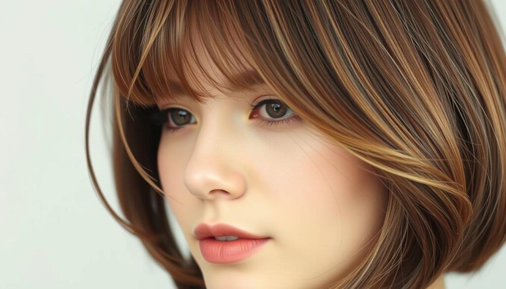 A close-up shot of a stylish modern bob haircut with delicate, wispy bangs framing the face. The hair is a rich, warm brown hue with subtle highlights, styled with a slight natural wave and a touchable, soft-focus texture. The lighting is soft and diffused, creating a flattering, ethereal glow. The image is captured from a slightly elevated angle, emphasizing the elegant silhouette and minimalist, refined aesthetic. The background is a clean, light-colored backdrop, allowing the hairstyle to be the central focus. A close-up shot of a stylish modern bob haircut with delicate, wispy bangs framing the face. The hair is a rich, warm brown hue with subtle highlights, styled with a slight natural wave and a touchable, soft-focus texture. The lighting is soft and diffused, creating a flattering, ethereal glow. The image is captured from a slightly elevated angle, emphasizing the elegant silhouette and minimalist, refined aesthetic. The background is a clean, light-colored backdrop, allowing the hairstyle to be the central focus.