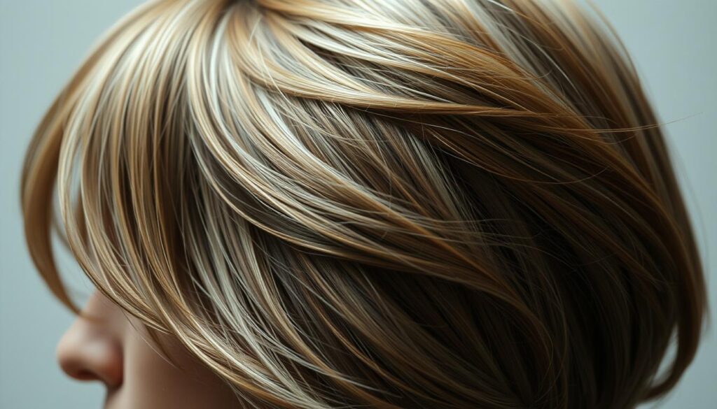 A close-up shot of a stylized layered haircut, showcasing the varied lengths and textured layers. The hair should be shiny and well-groomed, with subtle highlights and lowlights adding depth and dimension. The lighting should be soft and flattering, creating gentle shadows that accentuate the hair's volume and movement. The camera angle should be slightly elevated, providing a detailed view of the haircut's structure and the subtle gradients between the layers. The background should be a clean, neutral tone, allowing the focus to remain on the intricate hairstyle.