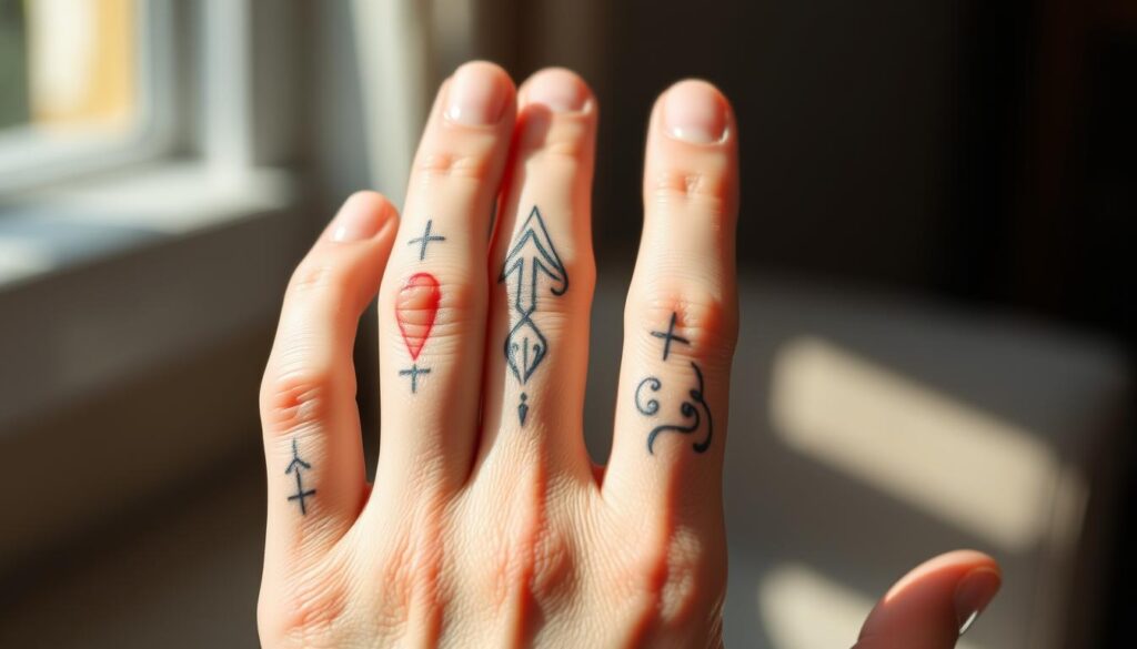 A close-up shot of a tattooed hand, the fingers adorned with intricate, delicate line-work tattoos. The skin is smooth and supple, the tattoos vibrant and expertly executed. The hand is positioned in a thoughtful, advisory pose, the fingers slightly curled, as if gesturing to impart wisdom. Soft, natural lighting illuminates the scene, casting gentle shadows that accentuate the fine details of the tattoos. The background is blurred, keeping the focus solely on the hand and its captivating artwork, conveying a sense of professionalism and authority on the subject of finger tattoos.