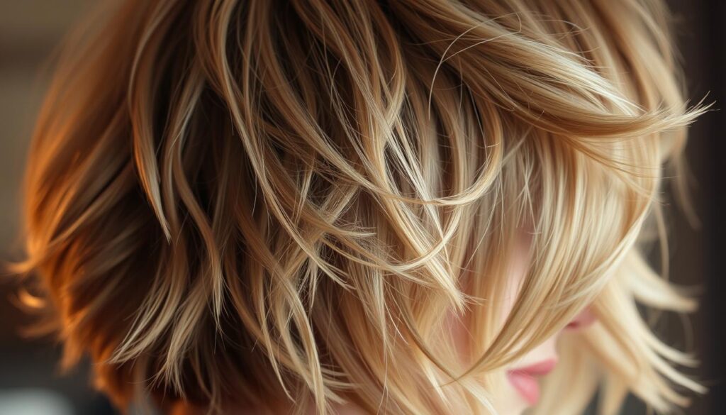 A close-up shot of a voluminous wolf cut hairstyle, showcasing the distinct layering and textured strands. The hair appears soft and fluffy, with subtle highlights and lowlights creating depth and dimension. The lighting is warm and diffused, creating a flattering and natural-looking glow. The camera angle is slightly tilted, capturing the movement and flow of the hair. The background is blurred, placing the focus solely on the intricate details of the wolf cut's volume and shape.
