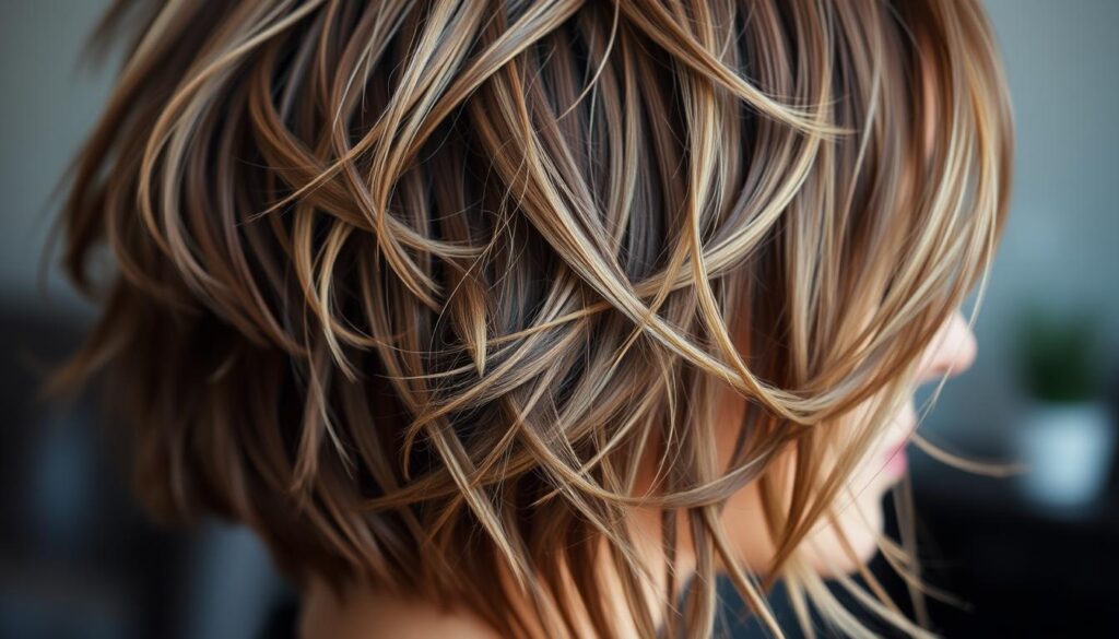 A close-up shot of a wolf cut hairstyle, capturing the intricate layers and textured flow of the hair. The lighting is soft and diffused, highlighting the subtle variations in color and tone. The focus is on the mid-section of the hair, showcasing the staggered, uneven layers that create the signature wolf cut silhouette. The background is blurred, allowing the hair texture to take center stage. The overall mood is one of effortless elegance and a touch of edginess, reflecting the appeal of the wolf cut style.