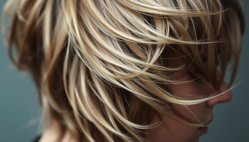 A close-up shot of a wolf cut hairstyle, capturing the textured, layered, and voluminous appearance of the hair. The lighting is soft and diffused, highlighting the individual strands and creating a hazy, atmospheric effect. The hair flows gently, with subtle movement and a natural, effortless look. The focus is on the intricate details of the haircut, showcasing the varied lengths, choppy layers, and the underlying wave or curl pattern that gives the style its signature wild and dynamic character. The image should convey the versatility and styling potential of the wolf cut, aligning with the article's focus on tailoring the cut to different hair types and textures.