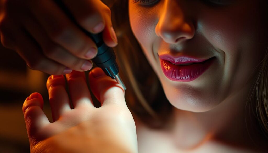 A close-up shot of a woman's foot, the skin slightly reddened and flushed, a small tattoo design visible. The tattoo artist's hand holding a tattoo gun hovers just above the skin, the needle poised to begin the intricate linework. The expression on the woman's face is one of slight discomfort, her brow furrowed, teeth gently biting her lower lip. The scene is illuminated by a soft, warm light, creating an intimate, almost clinical atmosphere. The background is blurred, keeping the focus on the tattoo process and the subject's reaction to the pain.