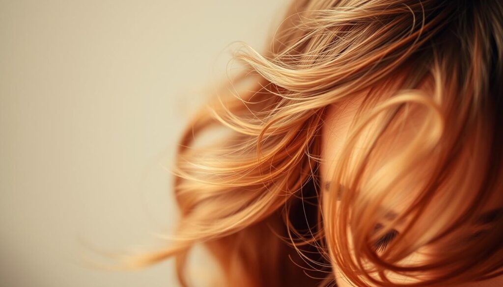 A close-up shot of a woman's hair, showcasing a vibrant, voluminous hairstyle with fine, delicate strands. The lighting is soft and diffused, creating a warm, natural glow that highlights the intricate textures and movement of the hair. The focus is sharp, drawing the viewer's attention to the lush, bouncy volume and the subtle layers that add depth and dimension. The background is blurred, creating a clean, minimalist setting that allows the hair to be the star of the image. The overall mood is one of refinement, elegance, and a subtle, effortless beauty.
