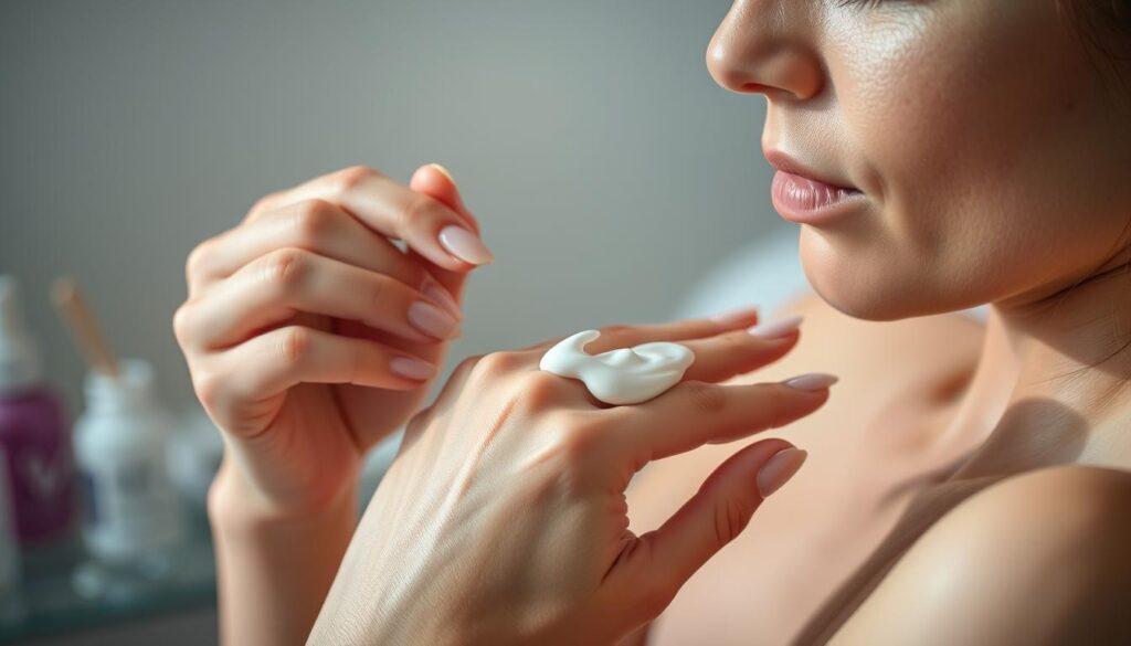 A close-up shot of a woman's hands gently applying a protective balm or cream to the skin around her nails, with a gel nail remover and nail files visible in the background. Soft, even lighting from the side illuminates the delicate process, creating a soothing, spa-like atmosphere. The woman's expression is focused and attentive, conveying the importance of carefully tending to the skin during gel nail removal. The overall scene emphasizes the need for a gentle, meticulous approach to protect the skin and nails from potential damage.