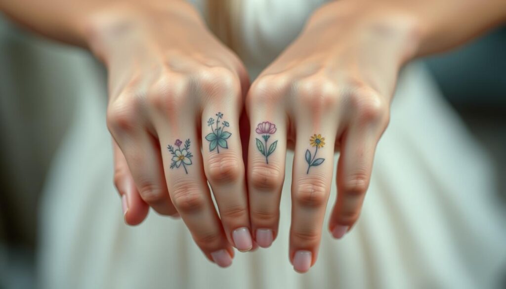 A close-up shot of a woman's hands, showcasing delicate, feminine finger tattoos. The tattoos feature intricate floral designs, with soft pastel hues of pink, lavender, and mint complementing the model's natural skin tone. The lighting is soft and diffused, creating a dreamlike, romantic atmosphere. The hands are gently posed, with the fingers slightly curled, drawing attention to the delicate body art. The background is blurred, keeping the focus on the captivating finger tattoos and the beauty of the hands. The overall mood is one of elegance, subtlety, and the growing trend of women embracing unique, personal body art.
