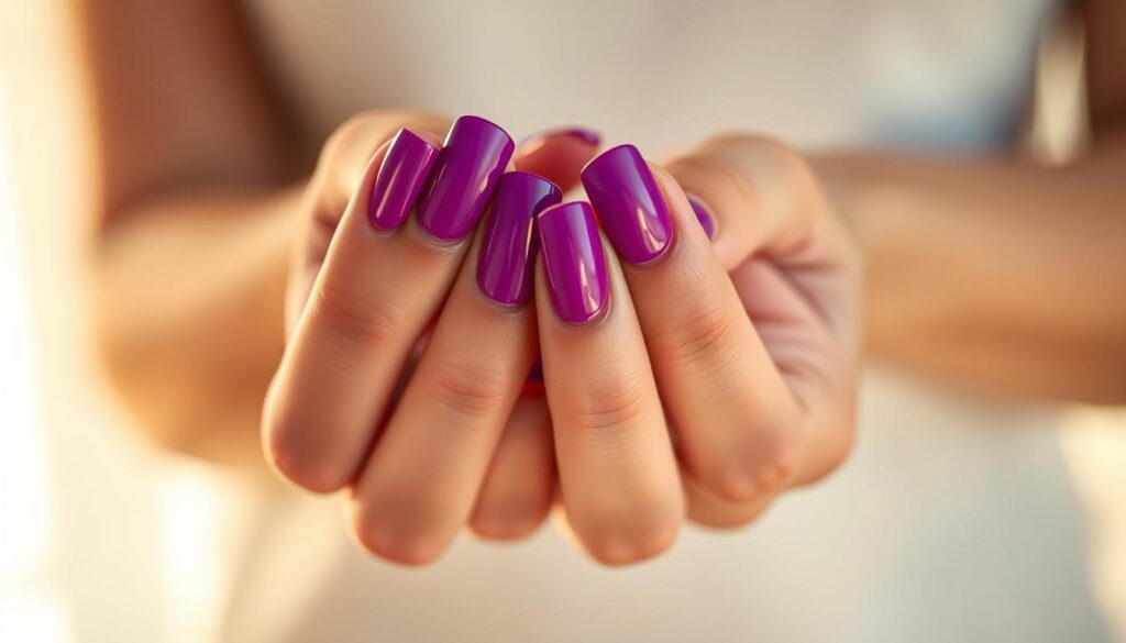 A close-up shot of a woman's hands showcasing the benefits of a durable dip powder manicure. The nails are painted in a vibrant, glossy shade, reflecting the light beautifully. The cuticles are neatly groomed, and the overall appearance is polished and well-maintained. The background is a soft, out-of-focus gradient, drawing the viewer's attention to the intricate details of the nails. The lighting is natural and warm, casting a subtle glow on the hands. The composition is centered, emphasizing the subject matter and conveying a sense of simplicity and elegance.