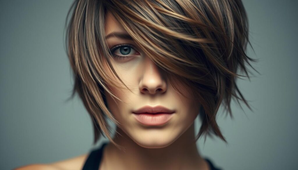 A close-up shot of a woman's head, showcasing the distinctive layered hairstyle known as the "wolf cut". The lighting is soft and flattering, accentuating the textured, shaggy appearance of the hair. The focus is sharp on the front layers, which frame the face and cascade down, creating an effortless, tousled look. The background is blurred, keeping the attention on the intricate haircut details. The overall mood is one of edgy, yet feminine, self-expression, capturing the essence of the wolf cut's transformative power.