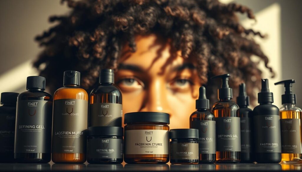 A close-up shot of an assortment of premium hair care products for curly-haired men. In the foreground, an array of high-quality bottles and jars filled with moisturizing creams, defining gels, and nourishing oils. The products feature minimalist, sophisticated packaging in natural tones like amber, olive, and charcoal. The middle ground showcases a well-lit, softly-blurred background of lush, textured curls, conveying the intended use and benefits of the items. The lighting is warm and directional, casting gentle shadows that accentuate the contours of the products. The overall mood is one of luxurious, high-end self-care for the modern, style-conscious man with curly hair. A close-up shot of an assortment of premium hair care products for curly-haired men. In the foreground, an array of high-quality bottles and jars filled with moisturizing creams, defining gels, and nourishing oils. The products feature minimalist, sophisticated packaging in natural tones like amber, olive, and charcoal. The middle ground showcases a well-lit, softly-blurred background of lush, textured curls, conveying the intended use and benefits of the items. The lighting is warm and directional, casting gentle shadows that accentuate the contours of the products. The overall mood is one of luxurious, high-end self-care for the modern, style-conscious man with curly hair.