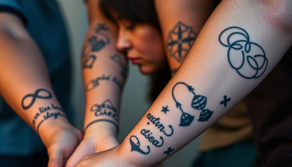A close-up shot of diverse sobriety tattoos on the forearms and hands of three individuals, capturing the personal stories and journeys represented by these meaningful designs. The tattoos feature symbolic elements like infinity loops, recovery mantras, and abstract patterns in a muted color palette of blues, grays, and blacks. The lighting is soft and diffused, highlighting the intricate linework and shading. The middle ground shows the subjects' faces in profile, expressing a sense of contemplation, resilience, and pride. The background is blurred, placing the focus entirely on the powerful visual narratives etched into the skin.