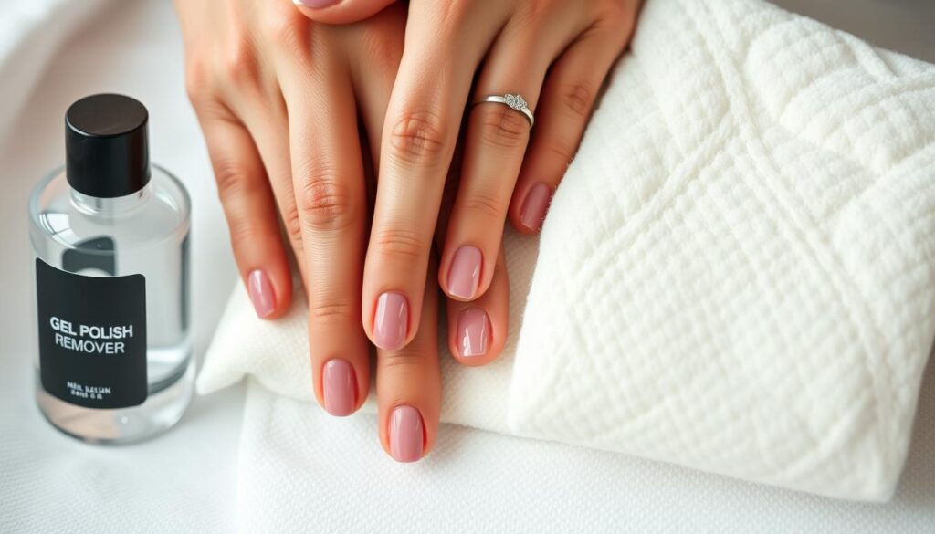 A close-up shot of freshly manicured hands, the nails adorned with a glossy gel polish. The cuticles are neatly groomed, and a bottle of gel polish remover sits nearby, along with a soft, absorbent pad. The lighting is soft and diffused, creating a soothing, spa-like atmosphere. The hands are positioned in a relaxed, slightly elevated pose, showcasing the healthy, hydrated nail beds and the care being taken to maintain the gel polish's longevity. The overall tone is one of tranquility and attention to detail, reflecting the "Tips and Tricks for a Hassle-Free Gel Removal Process" section of the article. A close-up shot of freshly manicured hands, the nails adorned with a glossy gel polish. The cuticles are neatly groomed, and a bottle of gel polish remover sits nearby, along with a soft, absorbent pad. The lighting is soft and diffused, creating a soothing, spa-like atmosphere. The hands are positioned in a relaxed, slightly elevated pose, showcasing the healthy, hydrated nail beds and the care being taken to maintain the gel polish's longevity. The overall tone is one of tranquility and attention to detail, reflecting the "Tips and Tricks for a Hassle-Free Gel Removal Process" section of the article.