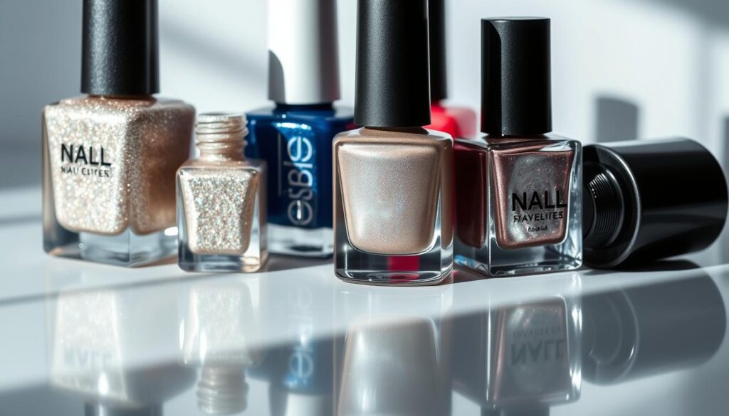 A close-up shot of nail polish bottles in a stylized arrangement, showcasing various layering techniques. The bottles are positioned on a sleek, reflective surface, creating a sense of depth and dimension. The lighting is soft and diffused, casting subtle shadows and highlights that accentuate the textures and colors of the nail polish. The bottles are arranged in a visually appealing, almost symmetrical layout, with a mix of different hues and finishes, including shimmery, matte, and glossy. The overall mood is one of elegance, precision, and attention to detail, reflecting the sophisticated nature of the nail art process. A close-up shot of nail polish bottles in a stylized arrangement, showcasing various layering techniques. The bottles are positioned on a sleek, reflective surface, creating a sense of depth and dimension. The lighting is soft and diffused, casting subtle shadows and highlights that accentuate the textures and colors of the nail polish. The bottles are arranged in a visually appealing, almost symmetrical layout, with a mix of different hues and finishes, including shimmery, matte, and glossy. The overall mood is one of elegance, precision, and attention to detail, reflecting the sophisticated nature of the nail art process.