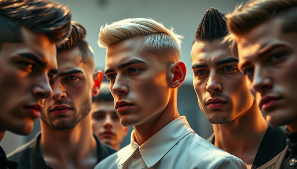 A close-up shot of several stylish male models showcasing the latest trendy hairstyles for 2023. The foreground features a range of fashionable cuts, including textured spikes, slicked-back pompadours, and neatly trimmed fades. The middle ground captures the models' striking facial features and expressive poses, conveyed through warm, directional lighting that creates depth and drama. The background is softly blurred, emphasizing the focus on the models' head and hair. The overall tone is sleek, modern, and aspirational, reflecting the cutting-edge nature of these contemporary men's haircuts. A close-up shot of several stylish male models showcasing the latest trendy hairstyles for 2023. The foreground features a range of fashionable cuts, including textured spikes, slicked-back pompadours, and neatly trimmed fades. The middle ground captures the models' striking facial features and expressive poses, conveyed through warm, directional lighting that creates depth and drama. The background is softly blurred, emphasizing the focus on the models' head and hair. The overall tone is sleek, modern, and aspirational, reflecting the cutting-edge nature of these contemporary men's haircuts.
