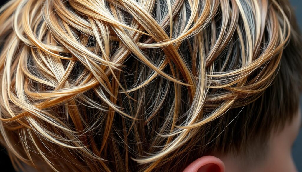 A close-up shot of the intricate layers and textures of a wolf cut hairstyle. Strands of hair intertwined and cascading in a natural, wavy pattern, capturing the essence of the wolf cut's wild and untamed aesthetic. Soft, diffused lighting illuminates the varying shades of brown and blonde, creating depth and dimension. The focus is sharp on the detailed structure of the haircut, with individual strands visible, showcasing the versatility and dynamic nature of this cutting-edge style. The image conveys a sense of movement and flow, reflecting the wolf cut's ability to adapt to different face shapes and personal preferences. A close-up shot of the intricate layers and textures of a wolf cut hairstyle. Strands of hair intertwined and cascading in a natural, wavy pattern, capturing the essence of the wolf cut's wild and untamed aesthetic. Soft, diffused lighting illuminates the varying shades of brown and blonde, creating depth and dimension. The focus is sharp on the detailed structure of the haircut, with individual strands visible, showcasing the versatility and dynamic nature of this cutting-edge style. The image conveys a sense of movement and flow, reflecting the wolf cut's ability to adapt to different face shapes and personal preferences.