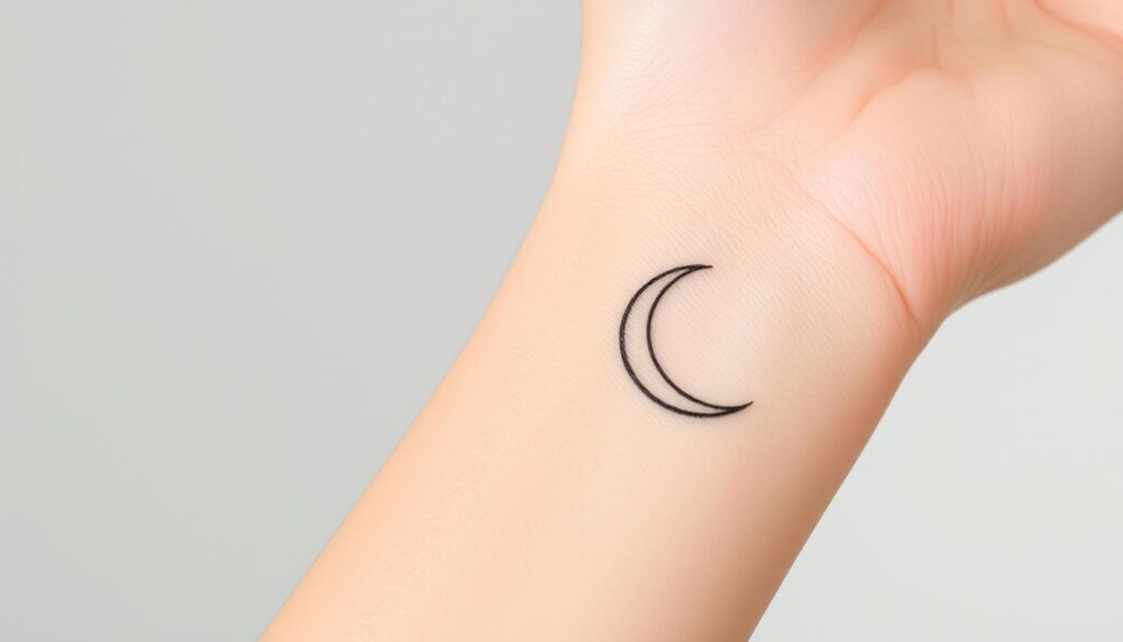 A close-up shot of two delicate, colored tattoos on a woman's wrist - one a minimalist floral design in soft pastel hues, the other a fine-line sketch of a crescent moon in shades of grey. The skin is smooth and youthful, with a subtle shimmer under natural, diffused lighting that highlights the intricate linework. The tattoos are positioned elegantly, complementing the feminine curves of the forearm. The background is a clean, muted palette that allows the focal point of the tattoos to shine. The overall impression is one of understated elegance and personal expression.