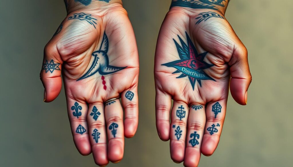 A close-up shot of two hands, palms facing forward, revealing intricate and evocative tattoo designs. The tattoos are vibrant, with sharp lines and bold colors, ranging from abstract patterns to symbolic imagery. The hands are positioned against a softly blurred, neutral background, allowing the tattoos to be the central focus. Warm, natural lighting casts subtle shadows, accentuating the texture and depth of the ink. The overall composition emphasizes the craftsmanship and artistry of the tattooing process, inviting the viewer to appreciate the meticulous attention to detail and the personal stories behind these hand tattoos.