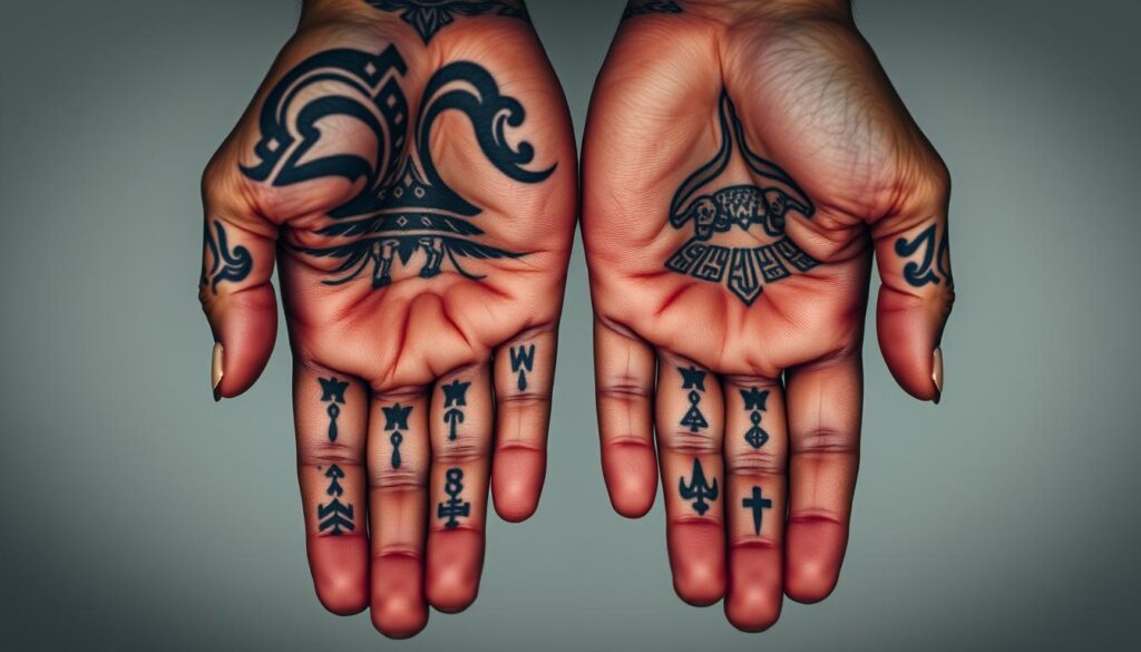 A close-up shot of two hands, palms facing up, revealing intricate tattoo designs across the knuckles, fingers, and the backs of the hands. The tattoos feature a mix of traditional and modern motifs, including tribal patterns, symbolic animals, and abstract shapes. The hands are held against a simple, neutral background that allows the tattoos to be the focal point. The lighting is soft and diffused, highlighting the depth and texture of the ink on the skin. The overall mood is contemplative, showcasing the rich history and personal significance of hand tattoos.