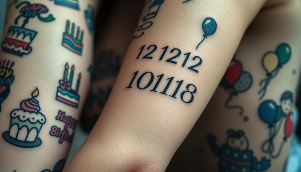 A close-up shot of various birthday-themed tattoos on a person's skin, captured with a high-resolution camera lens and soft, diffused natural lighting. The foreground features intricate designs including colorful birthday cake slices, number candles, and whimsical patterns. The middle ground showcases a mix of minimalist date tattoos and more elaborate illustrations of birthday party elements like balloons, streamers, and confetti. The background subtly blurs out, creating a sense of focus on the detailed tattoo artwork. The overall mood is celebratory and personal, reflecting the significance of these birthday tattoos as unique body art.