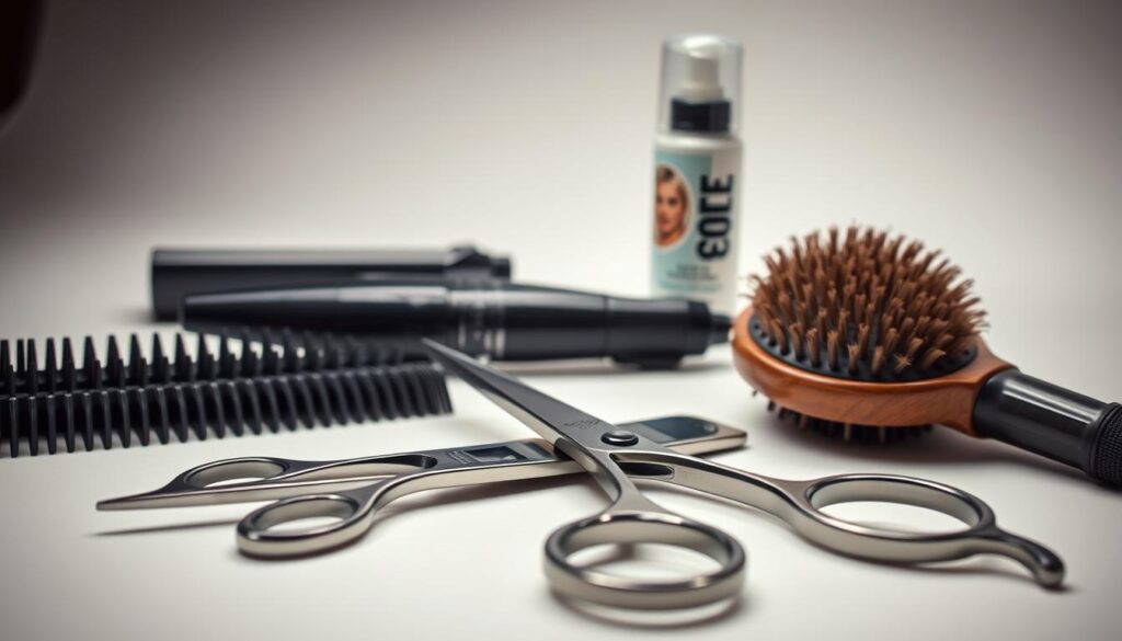 A close-up shot of various styling tools for a wolf cut hairstyle, captured in a well-lit studio setting with a soft, diffused lighting. The foreground showcases a pair of sharp haircutting scissors, a wide-toothed comb, and a round boar bristle brush, all arranged neatly on a clean, neutral-colored surface. In the middle ground, a curling iron and a volumizing mousse bottle are visible, hinting at the techniques used to achieve the desired wolf cut texture and layers. The background is blurred, creating a sense of focus on the essential styling tools needed to craft the perfect wolf cut. A close-up shot of various styling tools for a wolf cut hairstyle, captured in a well-lit studio setting with a soft, diffused lighting. The foreground showcases a pair of sharp haircutting scissors, a wide-toothed comb, and a round boar bristle brush, all arranged neatly on a clean, neutral-colored surface. In the middle ground, a curling iron and a volumizing mousse bottle are visible, hinting at the techniques used to achieve the desired wolf cut texture and layers. The background is blurred, creating a sense of focus on the essential styling tools needed to craft the perfect wolf cut.