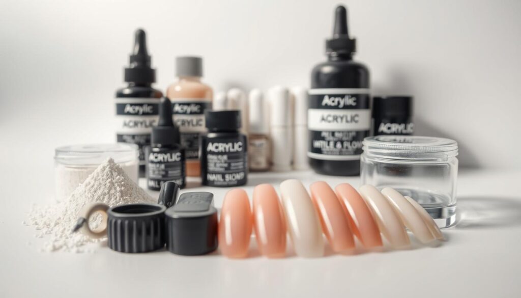 A close-up still life composition showcasing various types of acrylic nail systems. In the foreground, a selection of acrylic nail tips, powders, and liquids are neatly arranged against a clean, minimalist background. The middle ground features a set of freshly manicured, glossy acrylic nails in a range of shapes and lengths. Soft, directional lighting from the left casts subtle shadows, emphasizing the dimensional texture and reflective quality of the acrylics. The overall mood is one of clinical precision and attention to detail, inviting the viewer to examine the nuances of professional-grade acrylic nail materials.