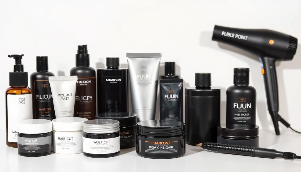 A close-up still life of various hair styling products for the wolf cut hairstyle. In the foreground, an array of high-quality hair gels, waxes, and pomades in sleek, minimalist packaging in shades of black, white, and metallic. In the middle ground, a professional-grade hairdryer and curling iron in a matte black finish, casting soft, dramatic shadows. The background is a simple, clean white surface, allowing the products to take center stage. The lighting is soft and diffused, creating a sense of luxury and sophistication. The overall mood is one of effortless, modern styling for the trendy wolf cut hairstyle.