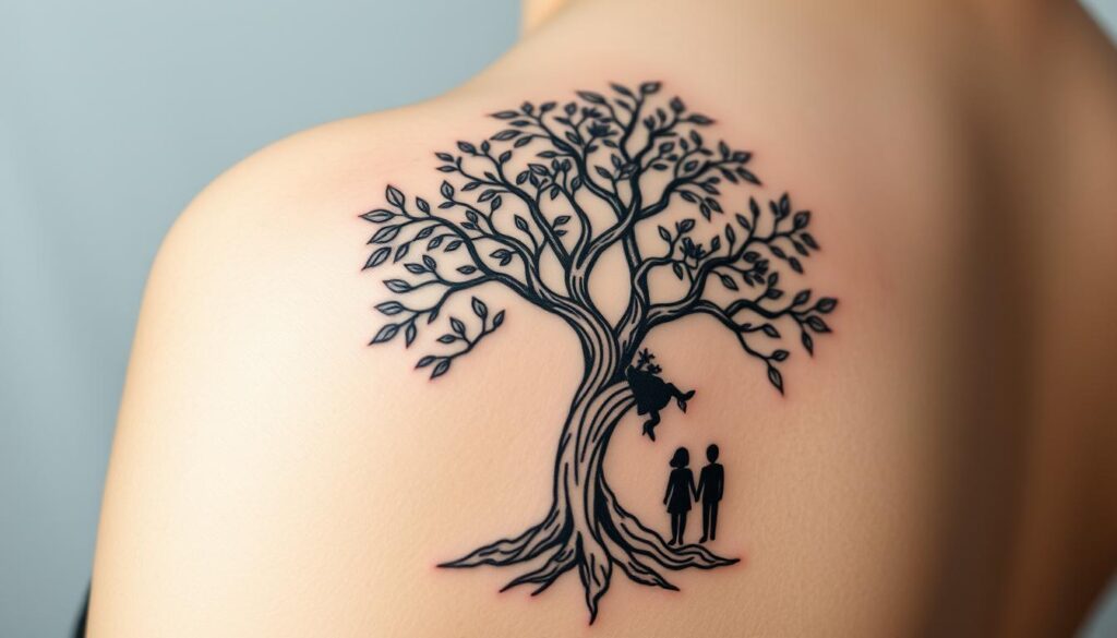 A close-up view of a beautifully intricate family tree tattoo design. The tattoo is rendered in a delicate, fine-line style, featuring an interwoven tree trunk with lush foliage and stylized branches spreading out to form the silhouettes of various family members. The composition is balanced and visually striking, with a sense of organic growth and personal significance. The tattoo is depicted against a soft, muted background, allowing the design to take center stage and convey a sense of cherished family heritage and personal identity.