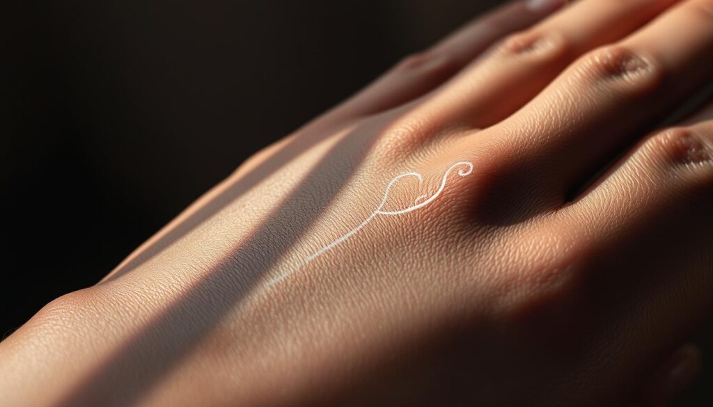 A close-up view of a delicate white ink tattoo gracefully adorning the smooth, rich, and deeply pigmented skin of a human hand. The tattoo design is intricate and minimalist, with fine lines and subtle shading that create a mesmerizing and ethereal effect. The lighting is soft and diffused, casting gentle shadows that accentuate the texture and tone of the skin, while the camera angle is tilted slightly to capture the elegant curves and contours of the hand. The overall mood is one of elegant simplicity, highlighting the beauty and artistry of the white ink tattoo against the backdrop of the dark, luminous skin.