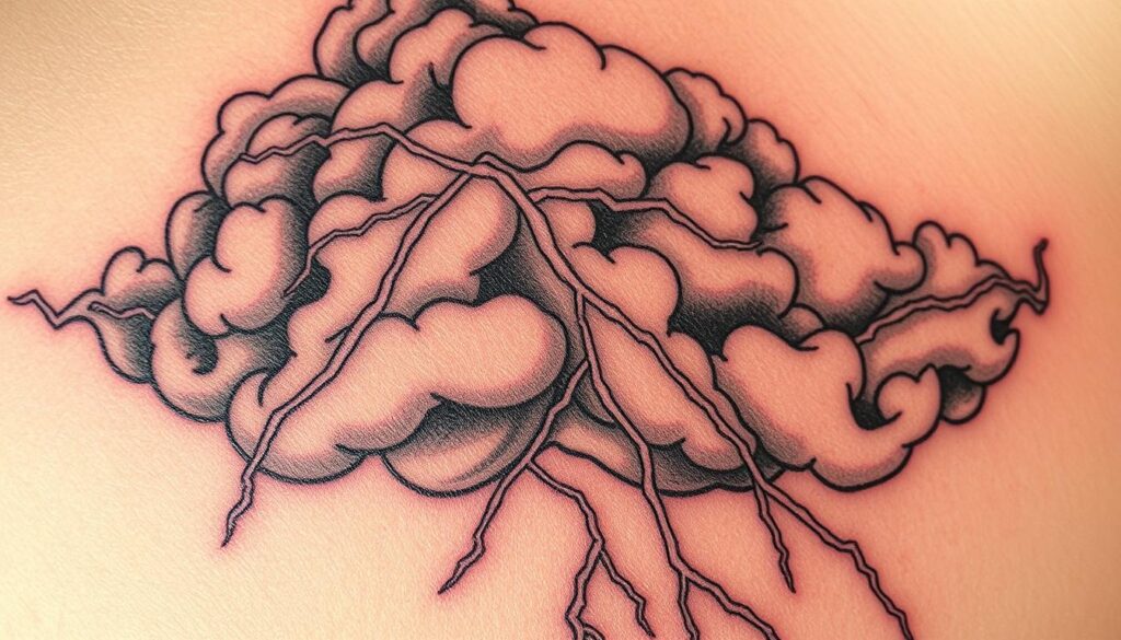 A close-up view of a detailed cloud-like lightning tattoo design. The tattoo features intricate, branching bolts of lightning emerging from wispy, billowing clouds. The clouds have a textured, ethereal quality, with shades of grey and white conveying a sense of movement and energy. The lightning bolts are rendered in sharp, dynamic lines, casting a dramatic, moody glow across the design. The tattoo is centered on the skin, with a focus on the interplay between the ethereal clouds and the powerful, jagged lightning. The overall aesthetic evokes the raw power and unpredictability of a thunderstorm, captured in a striking, permanent body art design.