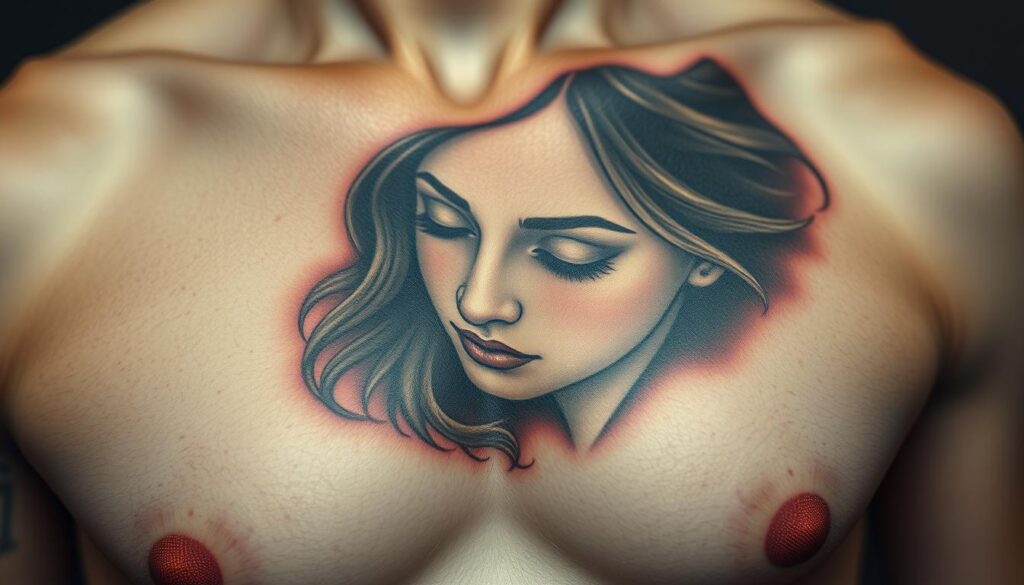 A close-up view of a detailed memorial chest tattoo featuring a serene, photorealistic portrait of a loved one, their face rendered with delicate precision against a muted, atmospheric background. The tattoo is depicted with a soft, diffused lighting that accentuates the intricate shading and lifelike quality of the design. The skin texture and the subtle play of shadows create a sense of depth and dimensionality, evocative of the profound emotional significance of this commemorative artwork. The overall composition conveys a solemn, reverent mood, reflecting the deeply personal nature of this memorial tribute.