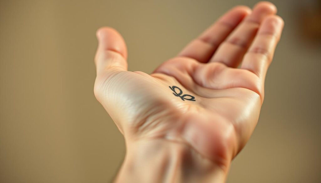 A close-up view of a diabetic's hand, palm facing up, displaying a freshly-inked tattoo design. The skin is slightly reddened and glistening, indicating a recent application of tattoo aftercare ointment. The tattoo is a simple yet meaningful symbol, such as a medical alert symbol or a personal motif, showcasing the individual's commitment to managing their condition. The background is softly blurred, placing the focus on the intricate details of the tattoo and the healing process. The lighting is warm and diffused, creating a sense of care and attention to the delicate skin. The angle captures the tattoo in an empowering, yet intimate, manner, conveying the importance of proper aftercare for diabetics seeking self-expression through body art.