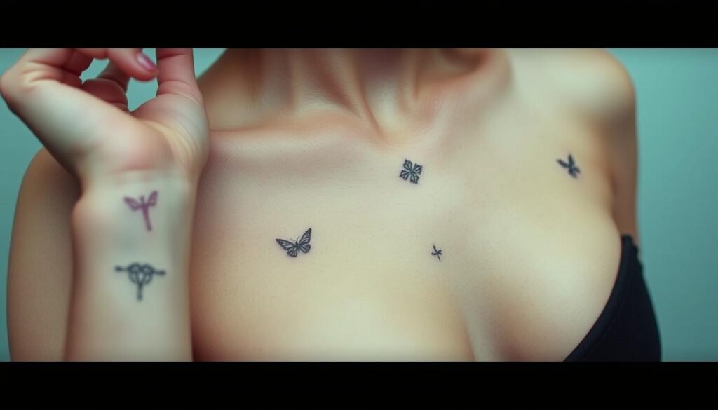 A close-up view of a diverse collection of small, delicate tattoo placements on a woman's body. The tattoos are positioned tastefully on the wrist, behind the ear, on the collarbone, and along the ribs, capturing the versatility and elegance of minimalist body art. The lighting is soft and diffused, highlighting the intricate details of the designs. The camera angle is slightly angled to provide a visually appealing and intimate perspective. The overall mood is serene and understated, showcasing the subtle beauty of these small yet impactful tattoo placements.