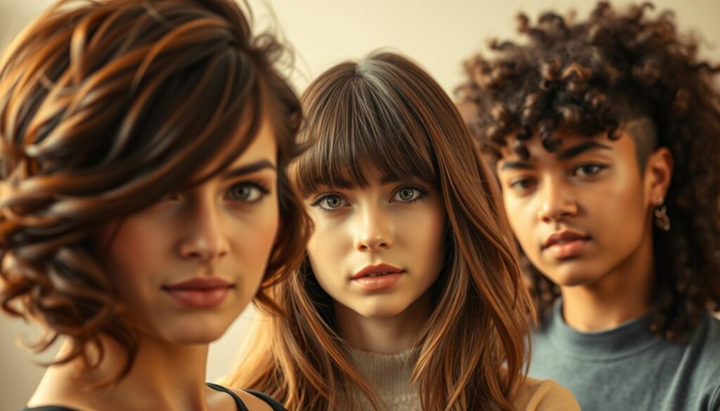 A close-up view of a diverse range of hair types, showcasing the versatility of the wolf cut hairstyle. In the foreground, a model with thick, wavy hair frames their face with voluminous layers. In the middle ground, a model with fine, straight hair displays the edgy, textured look of the wolf cut. In the background, a model with coily, kinky hair demonstrates how the style can be adapted to complement different curl patterns. Soft, warm lighting accentuates the movement and dimension of the hairstyles, creating an inviting and visually captivating scene.