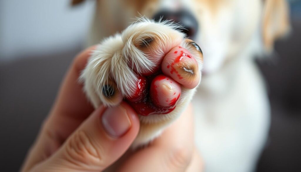 A close-up view of a dog's paw, showcasing a bleeding quick from a freshly trimmed nail. The paw is held in a gentle, caring grip, with a concerned expression on the owner's face. Soft, diffused lighting illuminates the delicate details, emphasizing the vulnerability of the situation. The background is blurred, placing the focus solely on the paw and the interaction between the dog and the owner. The scene conveys a sense of empathy, as the owner works to soothe the dog and manage the situation with care and attention.