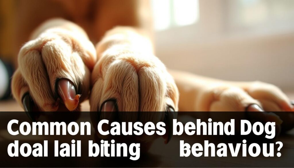 A close-up view of a dog's paws and nails, illuminated by soft, natural lighting from a window. The nails are slightly discolored, with visible cracks and signs of overgrowth, indicating potential nail issues. The background is blurred, creating a focus on the paws, conveying a sense of concern and the need for veterinary attention. The overall mood is one of clinical observation, highlighting the common causes behind a dog's nail biting behavior. A close-up view of a dog's paws and nails, illuminated by soft, natural lighting from a window. The nails are slightly discolored, with visible cracks and signs of overgrowth, indicating potential nail issues. The background is blurred, creating a focus on the paws, conveying a sense of concern and the need for veterinary attention. The overall mood is one of clinical observation, highlighting the common causes behind a dog's nail biting behavior.