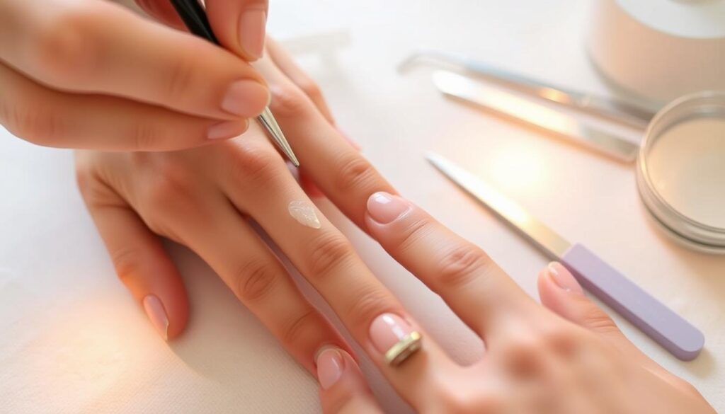 A close-up view of a female hand delicately removing gel nail polish, revealing the natural nail underneath. Soft, warm lighting illuminates the process, creating a sense of care and attention. The hand is positioned on a clean, white surface, with tools such as nail files and cuticle pushers neatly arranged nearby. The background is slightly blurred, keeping the focus on the intricate, step-by-step removal technique. The overall mood is one of tranquility and diligence, reflecting the importance of properly removing gel manicures to maintain healthy nails.