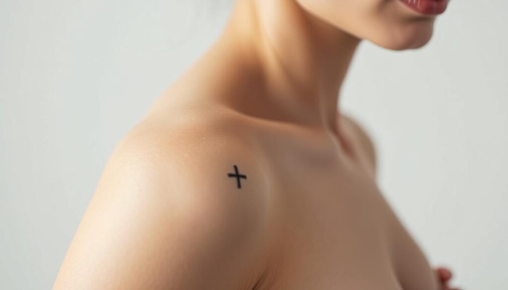 A close-up view of a female model's shoulder, showcasing the ideal placement for a small, stylish tattoo. The skin is smooth and porcelain-like, with a delicate, feminine silhouette. The lighting is soft and diffused, creating a subtle, elegant atmosphere. The camera angle is slightly elevated, capturing the shoulder from a flattering, three-quarter perspective. The tattoo design, though not yet visible, will be the focal point, seamlessly integrated into the natural curves and contours of the shoulder.