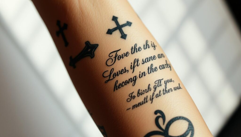 A close-up view of a forearm with several elegant religious tattoos, including a large cross and a biblical verse in elegant calligraphy. The skin has a warm, lifelike texture, and the tattoos are rendered in a mix of bold blacks and subtle shades of gray, creating a striking contrast against the natural skin tone. The lighting is soft and diffused, casting gentle shadows that accentuate the intricate details of the tattoos. The composition focuses on the forearm, filling the frame and creating a sense of intimacy and personal significance. The overall mood is contemplative and reverent, capturing the profound meaning and personal significance of these inspiring religious tattoos.